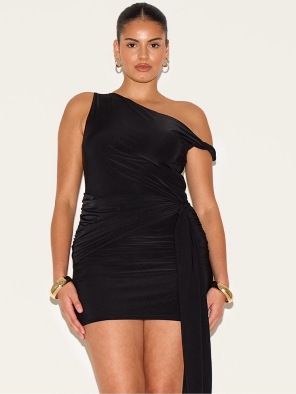 One-Shoulder Black Ruched Mini with Draped Sash